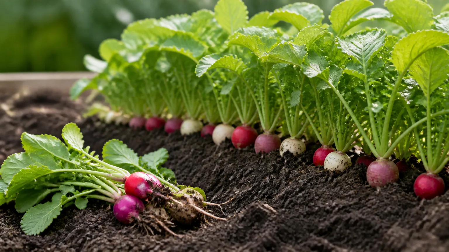 Colorful salad radishes growing in a garden bed beside freshly harvested roots