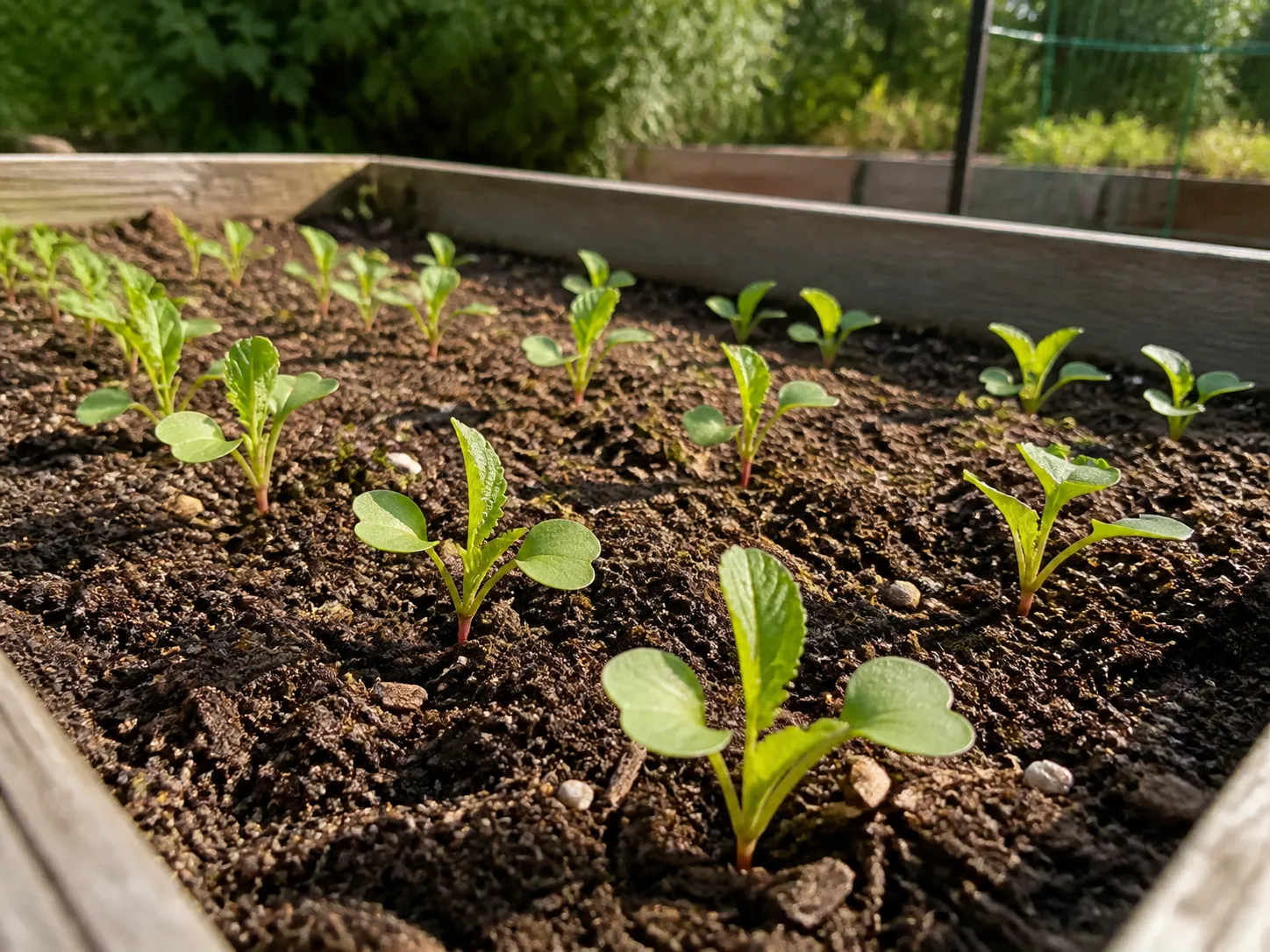 Young radish seedlings emerging in evenly spaced garden rows