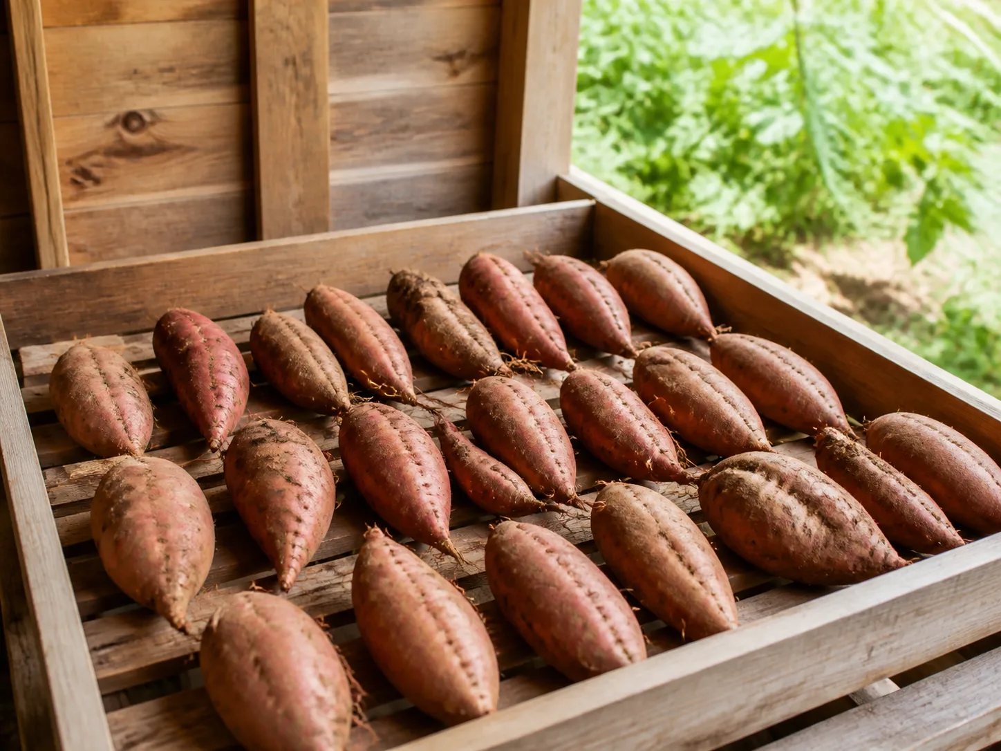 Freshly dug sweet potatoes arranged in a ventilated crate for curing