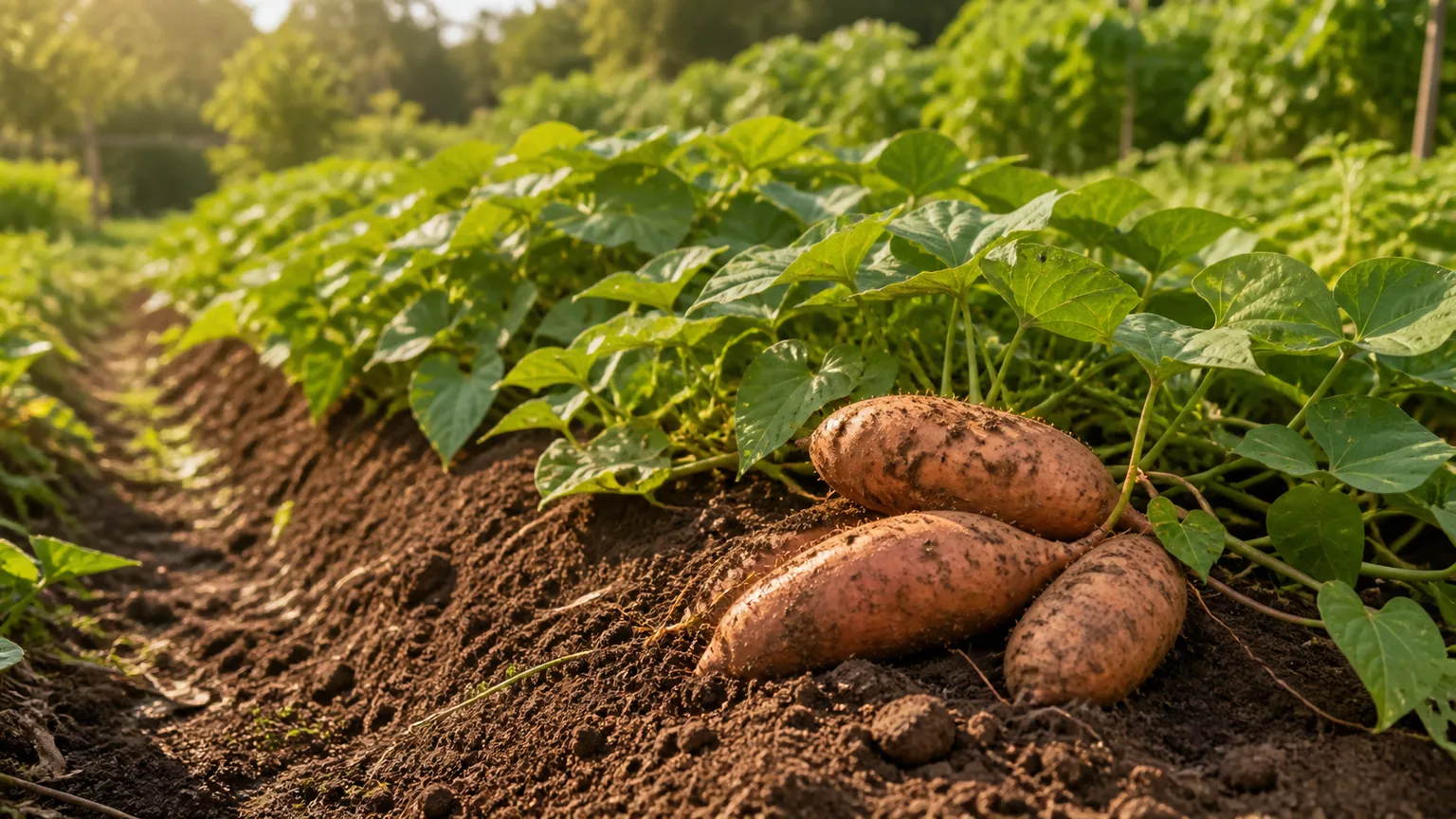 Sweet potato vines growing over warm garden ridges beside freshly unearthed roots
