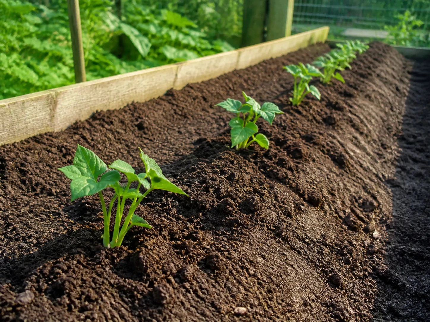 Young sweet potato slips planted in loose raised-bed soil