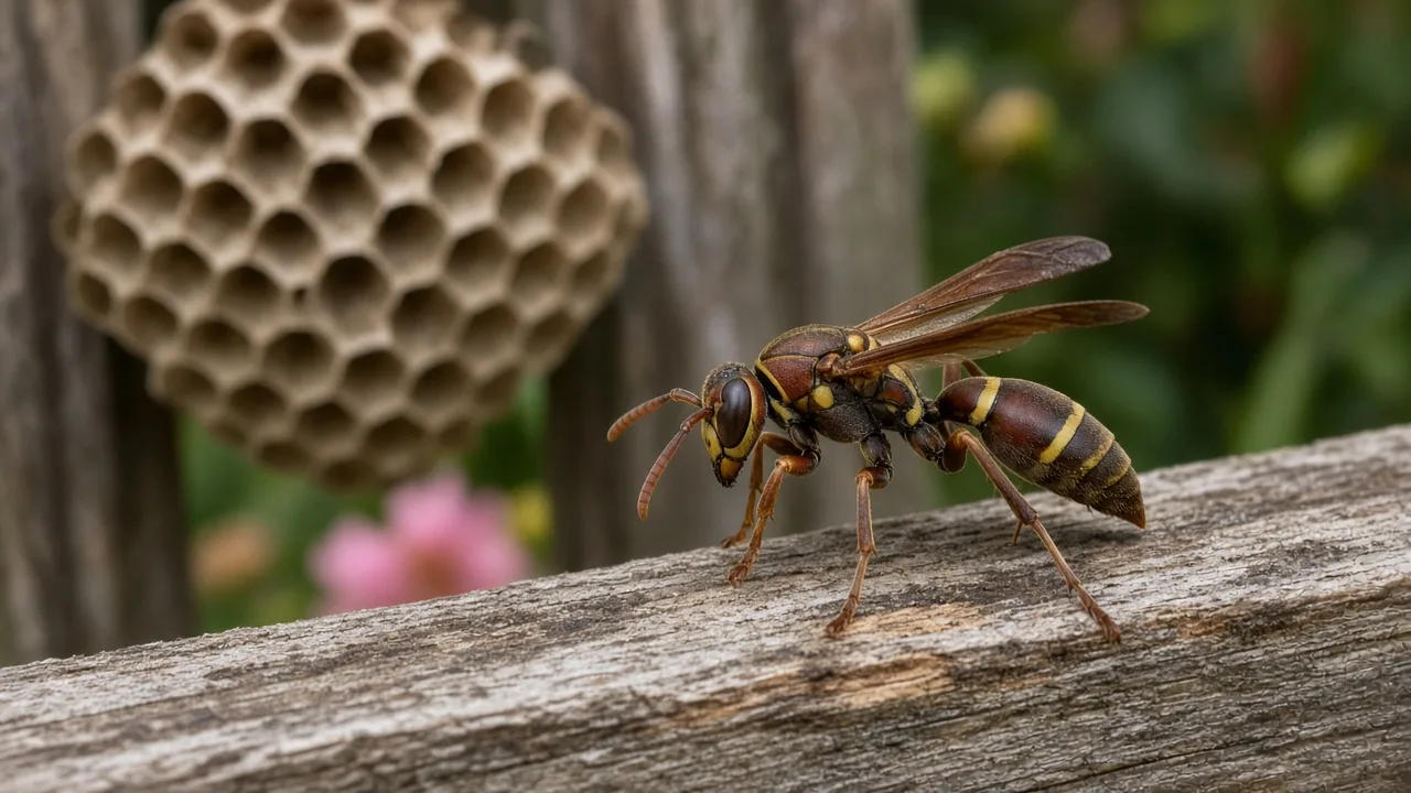 Papery wasp nest under a house eave in a garden setting