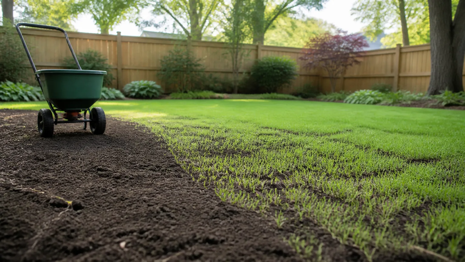 Newly seeded backyard lawn showing fine green grass seedlings emerging from prepared soil