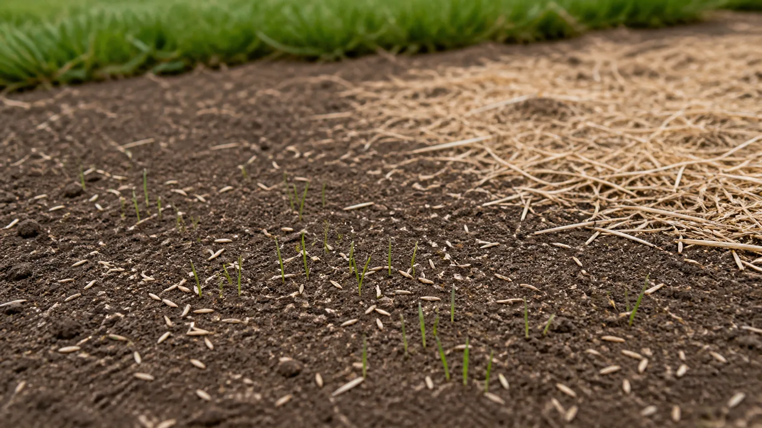 Grass seed scattered across finely raked soil beside a thin straw cover, with small green shoots emerging
