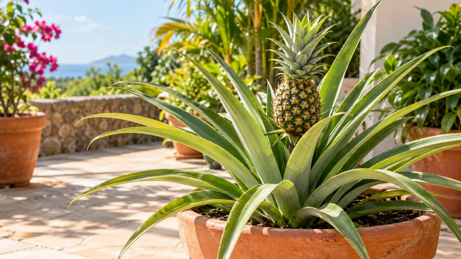 Healthy pineapple plant carrying fruit in a sunny patio container