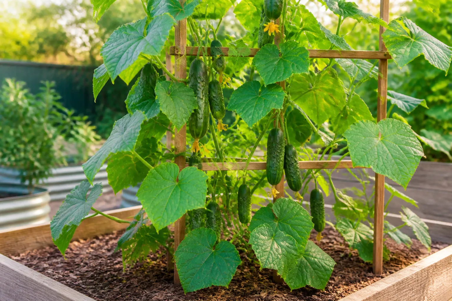 Healthy cucumber vines climbing a trellis with mature fruit in a sunny garden bed