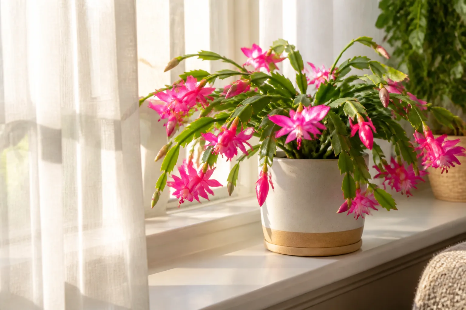 Healthy Christmas cactus with scalloped green segments and pink tubular blooms in bright filtered indoor light