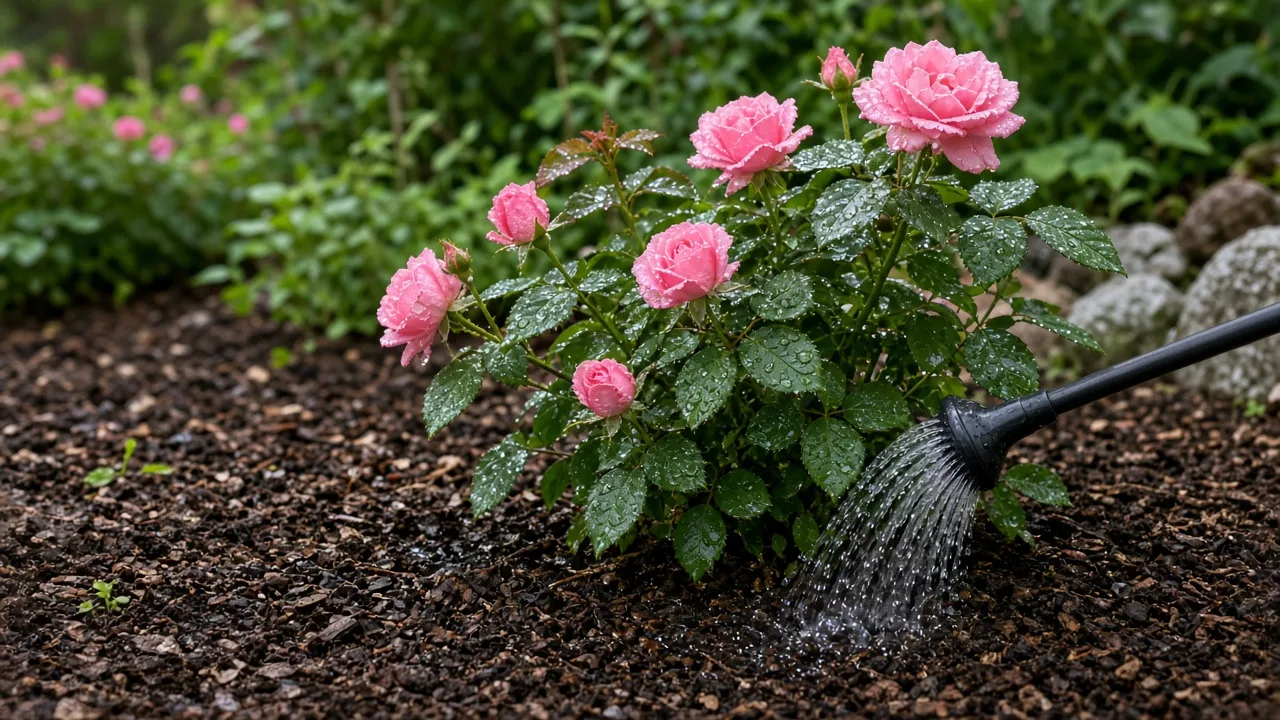 Healthy flowering rose growing in a container with glossy foliage and coral-pink blooms