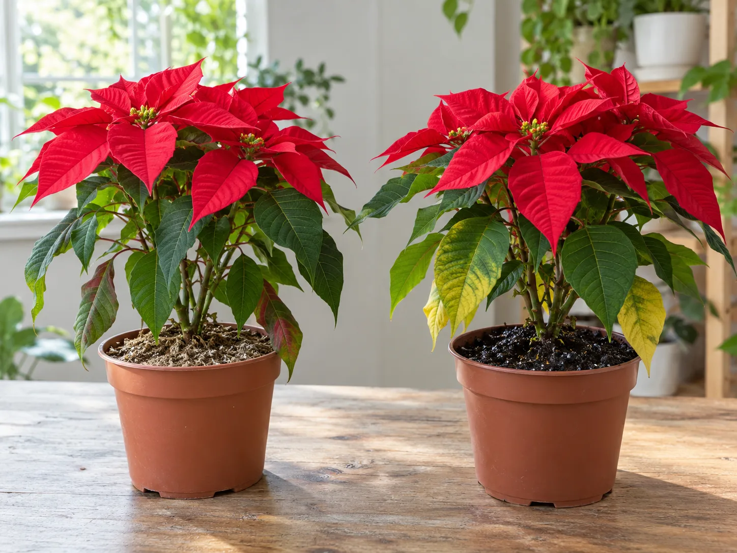 Two poinsettias showing dry, light soil on one plant and wet soil with yellow lower leaves on the other