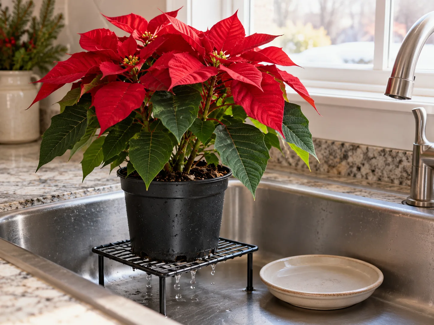 A red poinsettia in its nursery pot draining over a sink after watering
