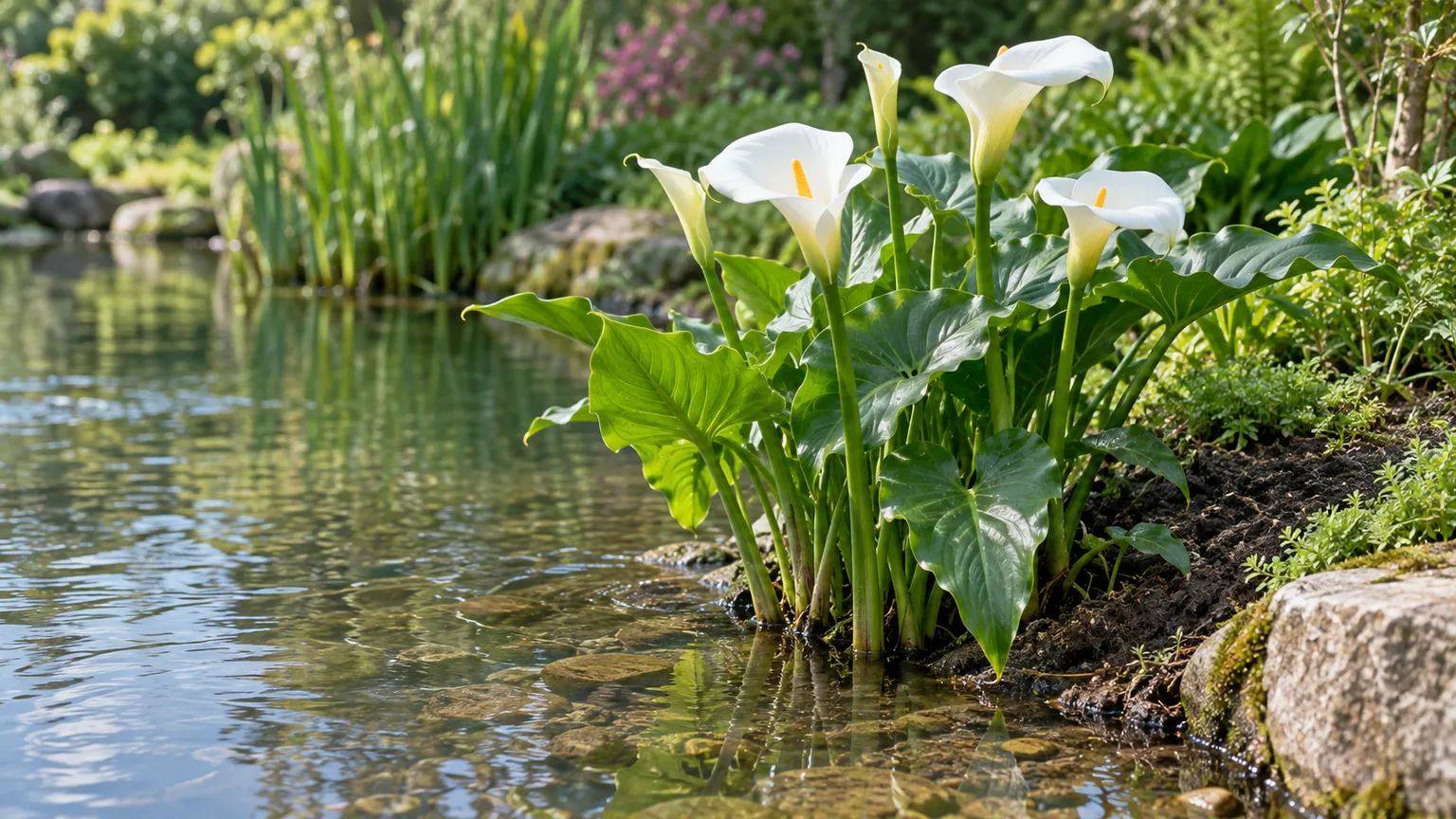 White arum lilies growing at the edge of a shallow garden pond