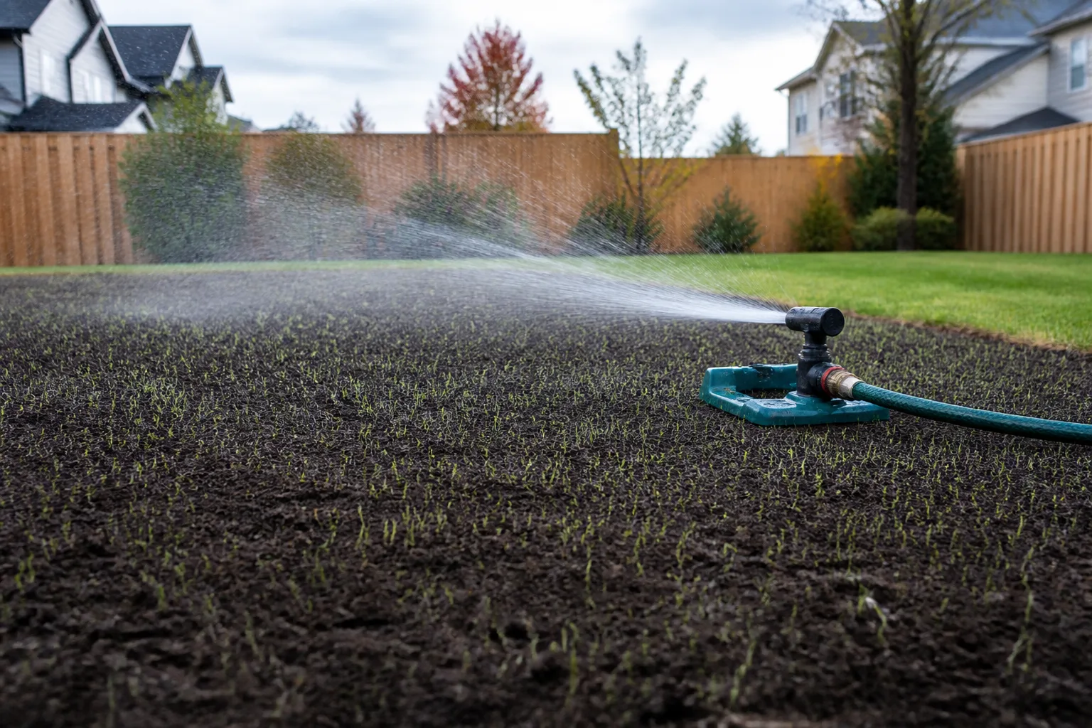 Lawn sprinkler watering newly seeded grass in morning light