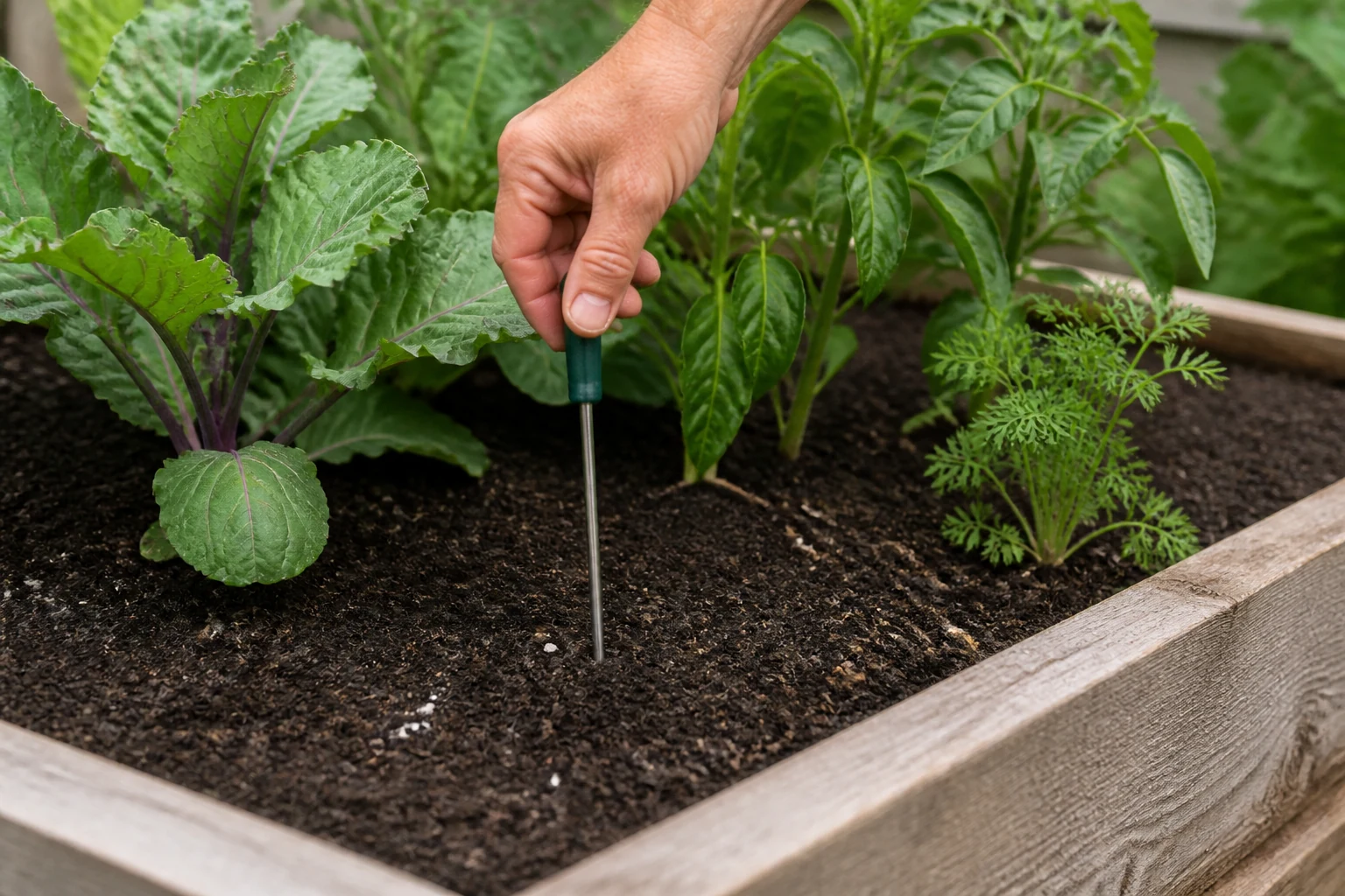 Soil probe checking moisture below the surface of a leafy raised vegetable bed