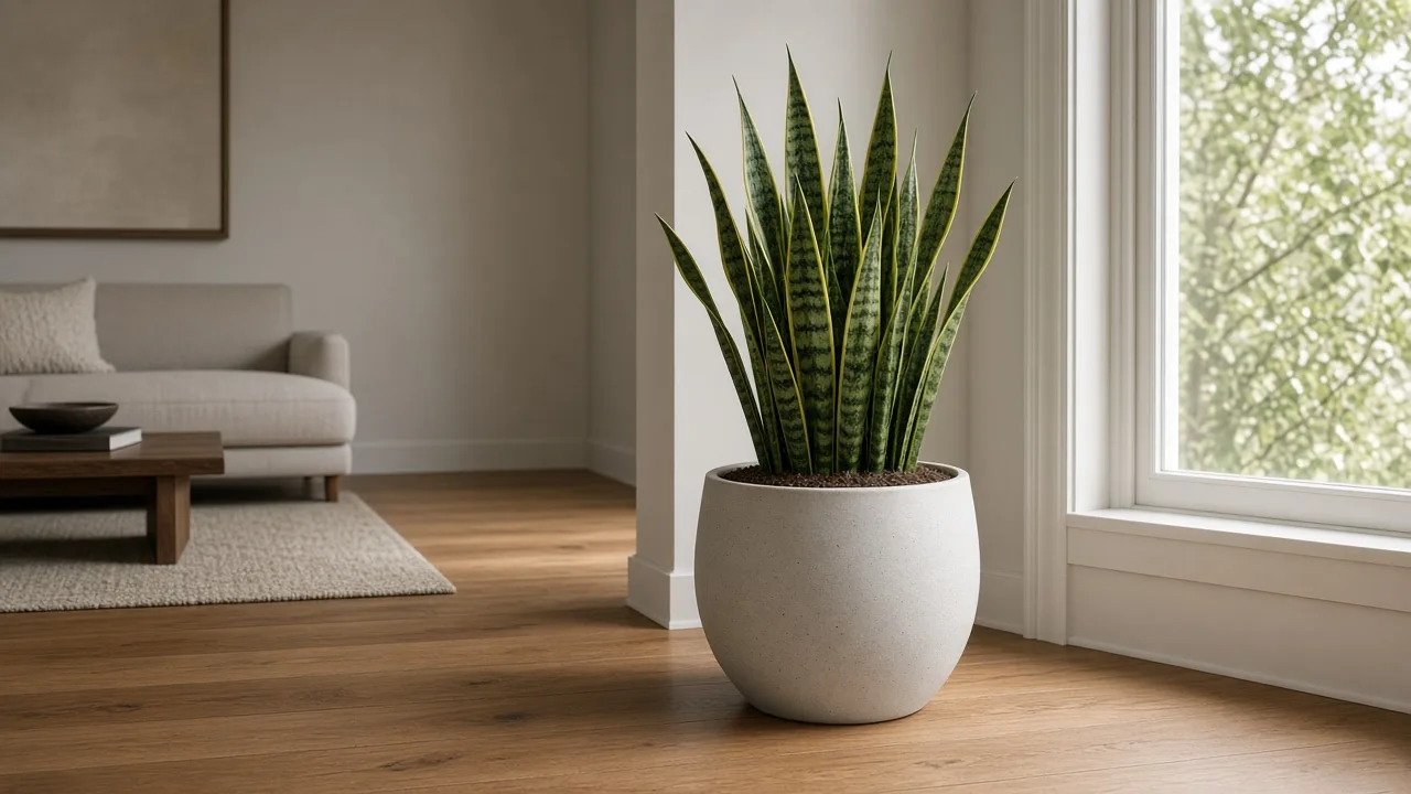Healthy snake plant in a bright indoor garden corner