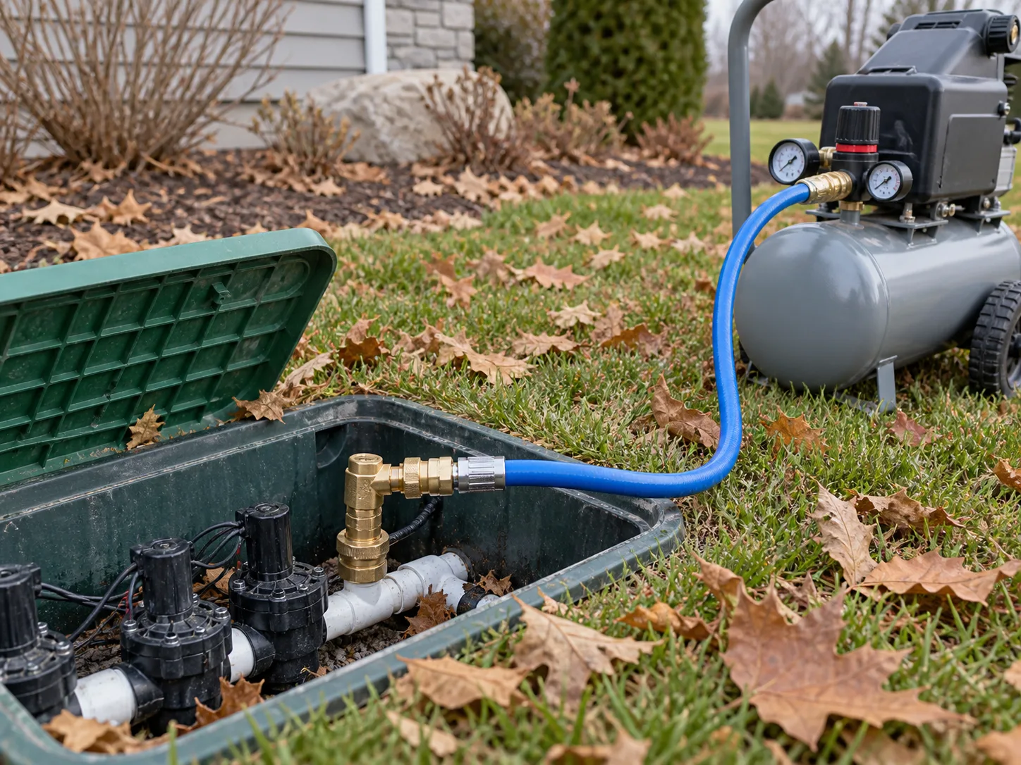 Portable air compressor connected to an irrigation valve box through a brass blowout adapter