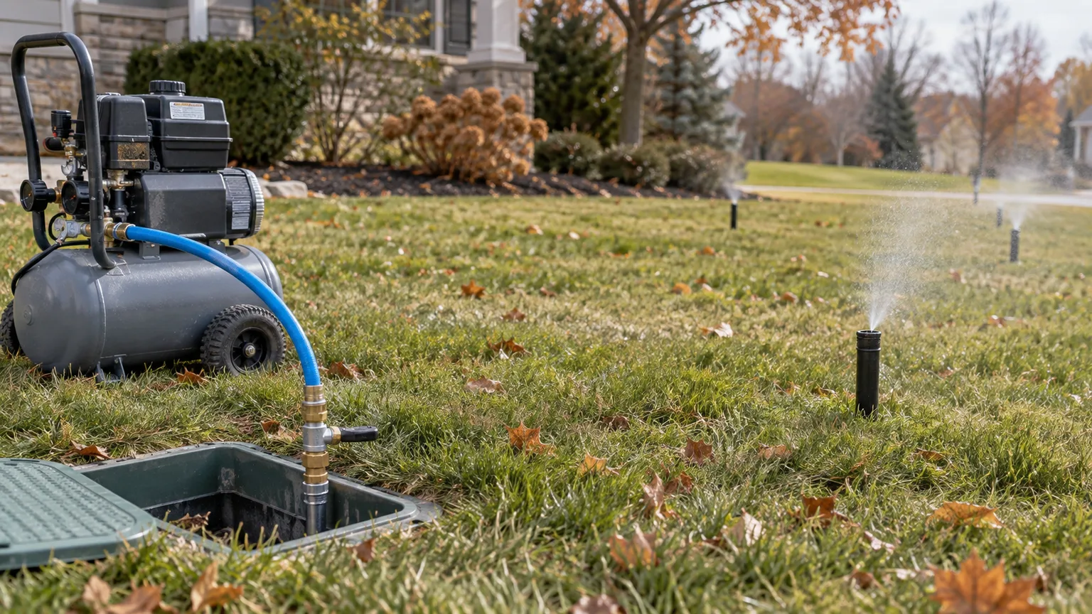Portable air compressor connected to a residential sprinkler system in a late-fall lawn
