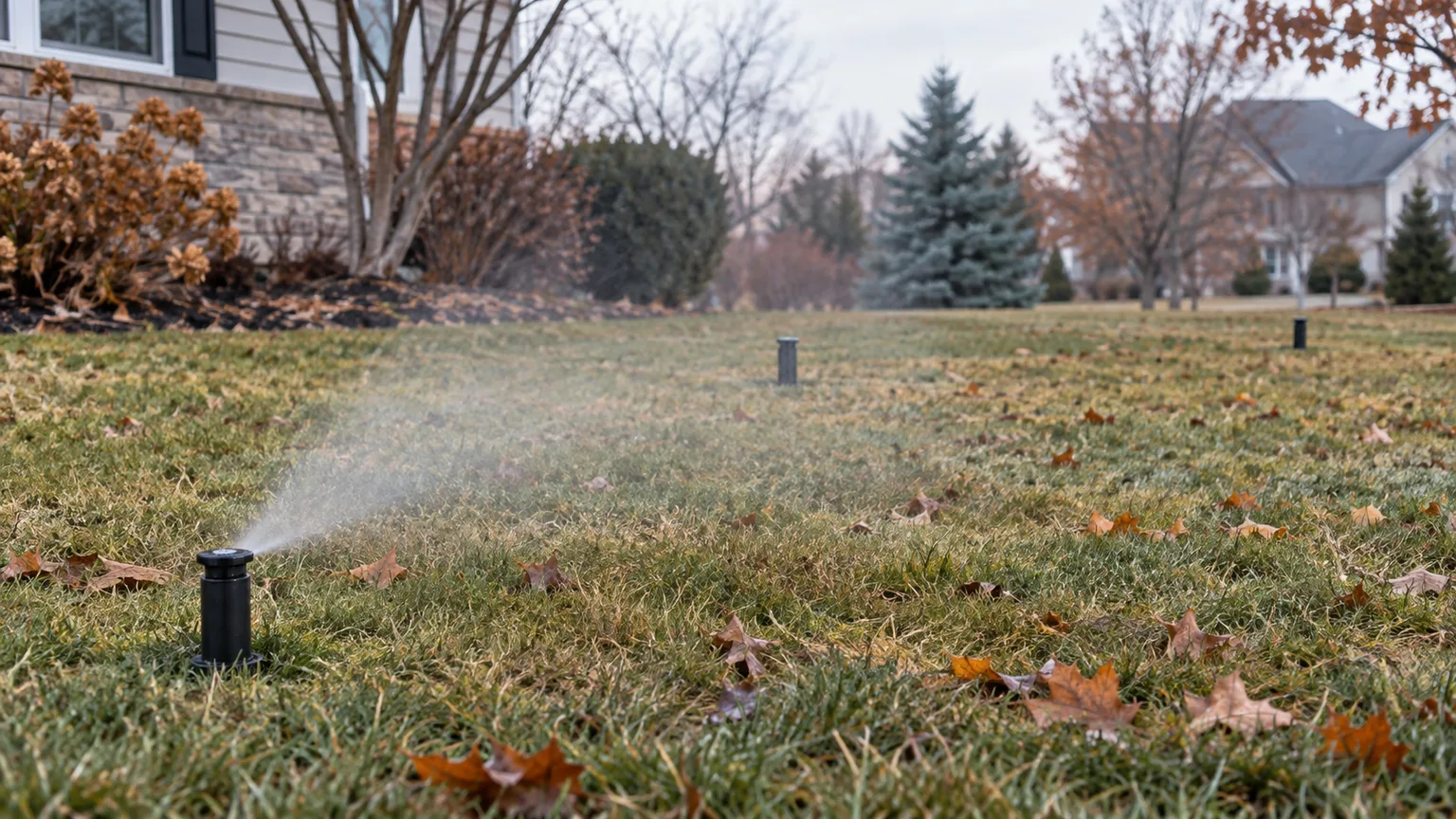 Single sprinkler zone releasing a fading mist across a late-fall lawn during winterization