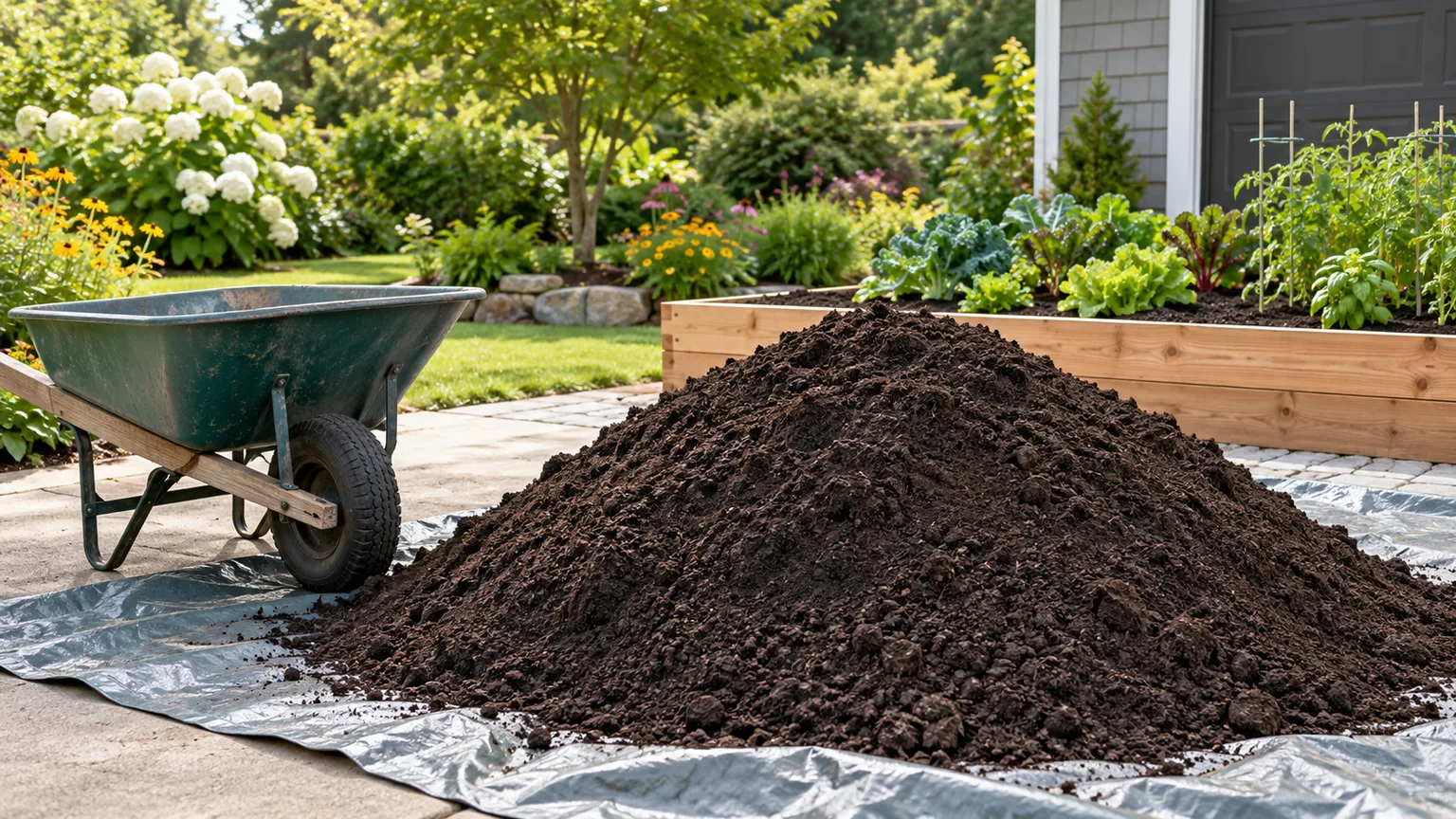 Bulk topsoil delivered beside a wheelbarrow and raised garden bed