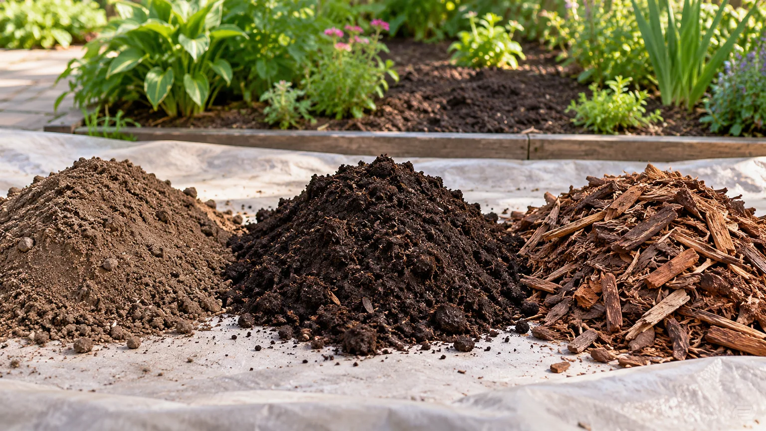 Screened topsoil, finished compost, and shredded bark mulch shown as separate garden materials