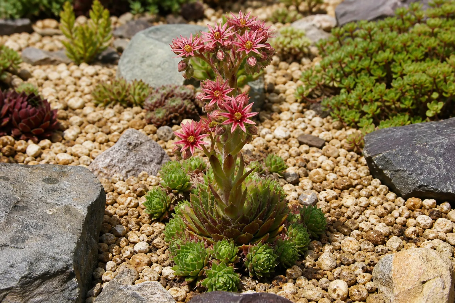 Sempervivum hen sending up a tall pink flower stalk surrounded by smaller chick rosettes