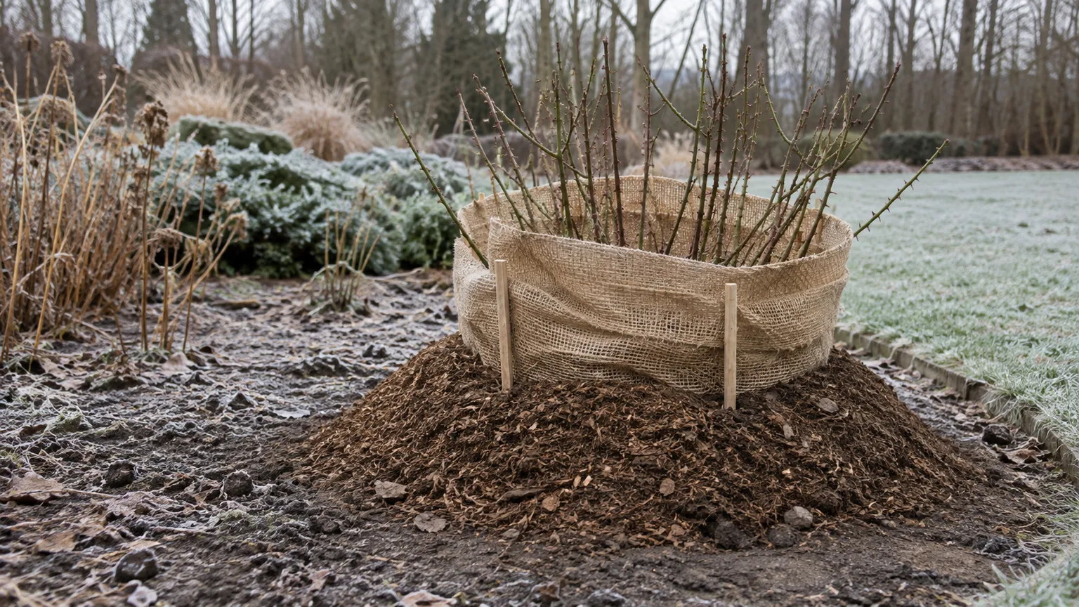 Rose graft union protected by a loose soil and mulch mound in winter