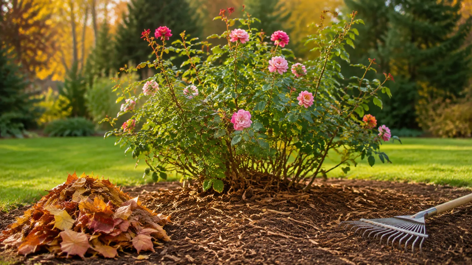 Healthy rose shrub in a fall garden bed with cleared leaves and fresh mulch