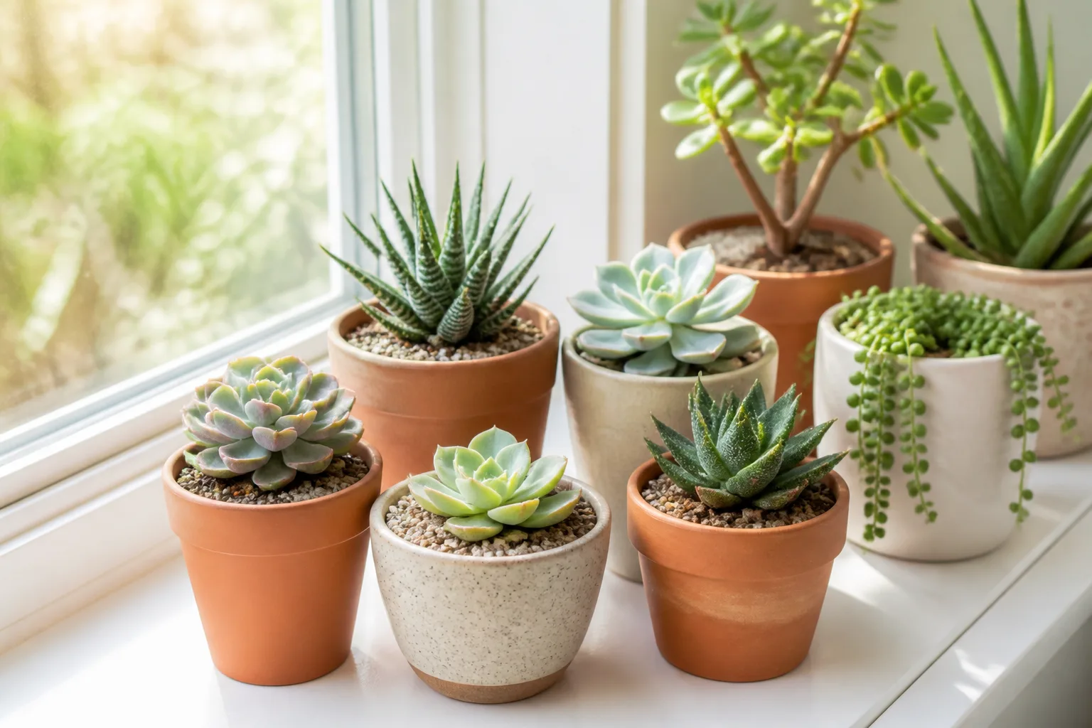 Mixed indoor succulents in pots with bright light and gritty soil