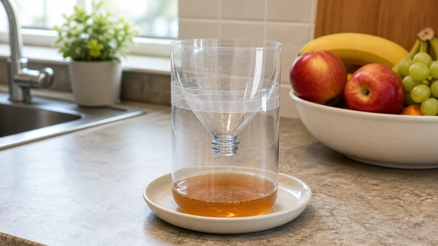 Indoor plastic bottle-funnel trap with shallow vinegar bait