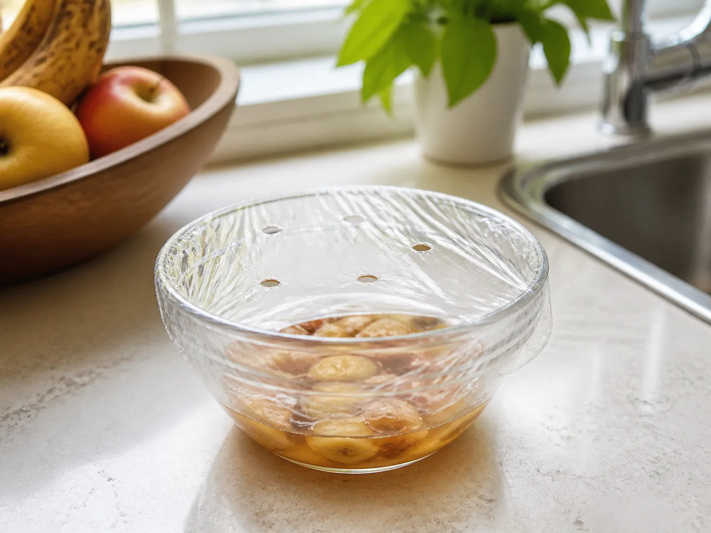 Covered bowl of overripe fruit bait with pinholes in plastic wrap