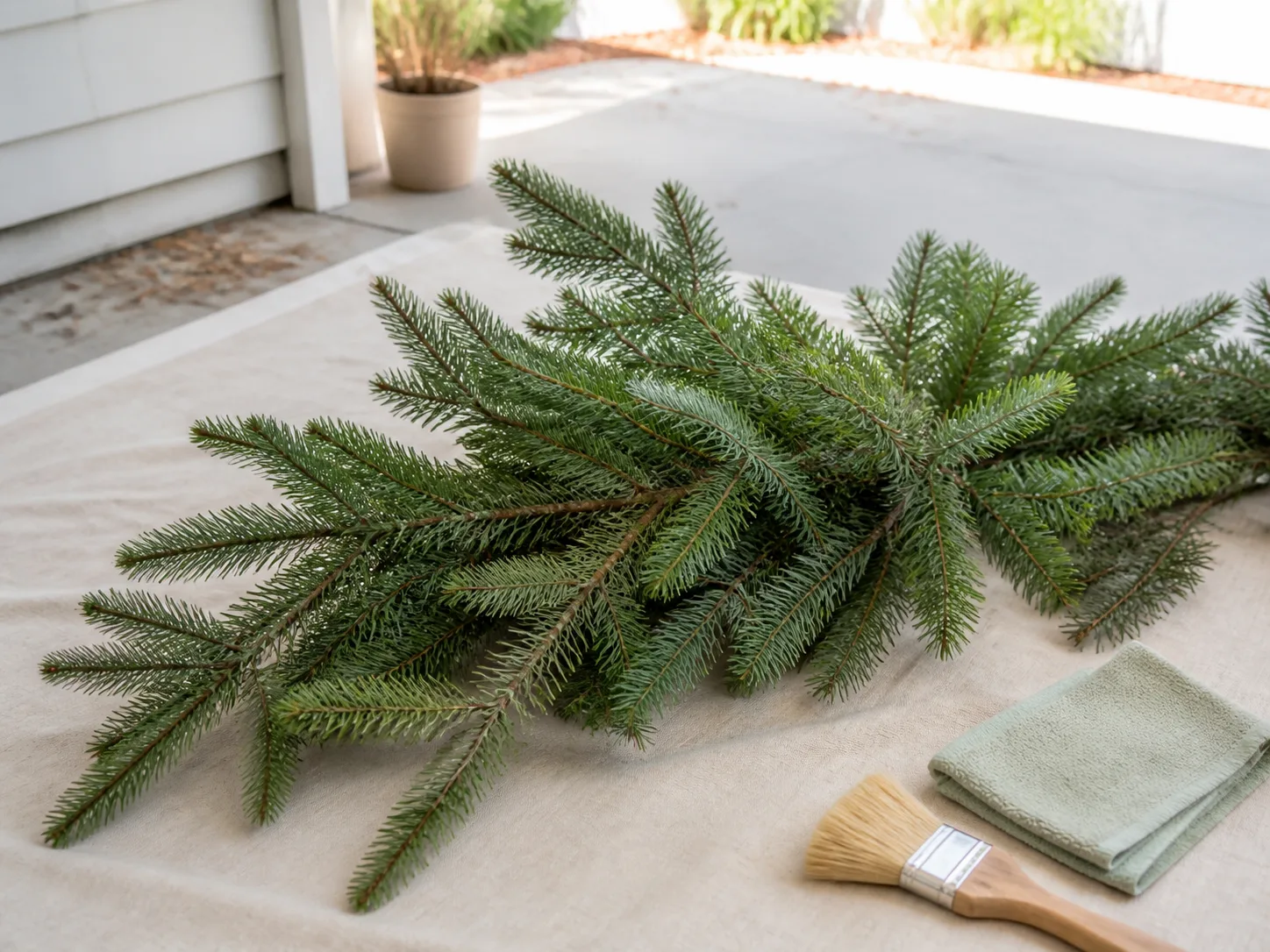 Unlit artificial Christmas tree branches with a soft paintbrush and microfiber cloth for dry dusting