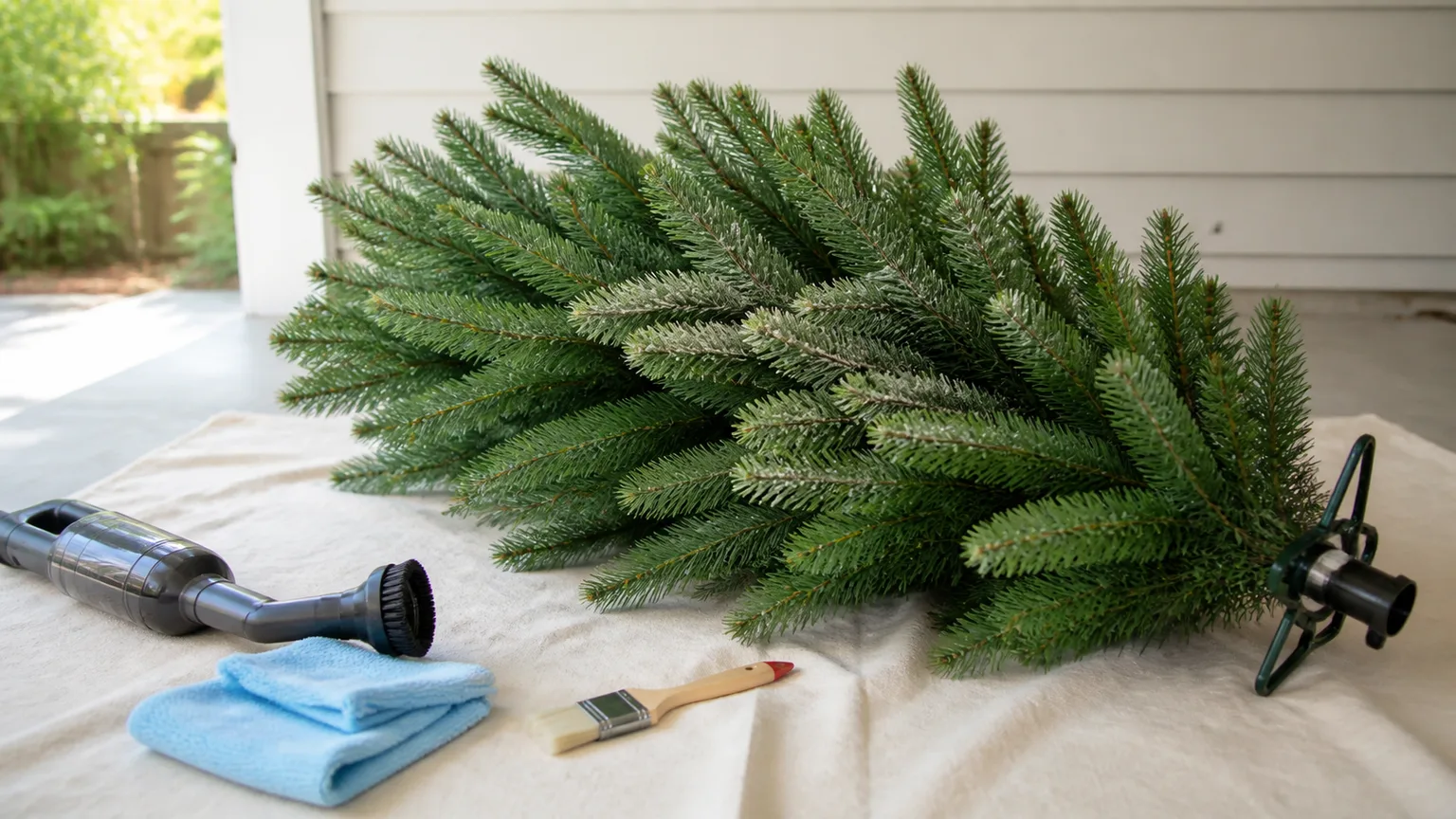 Unlit artificial Christmas tree section with a microfiber cloth and soft brush ready for gentle cleaning