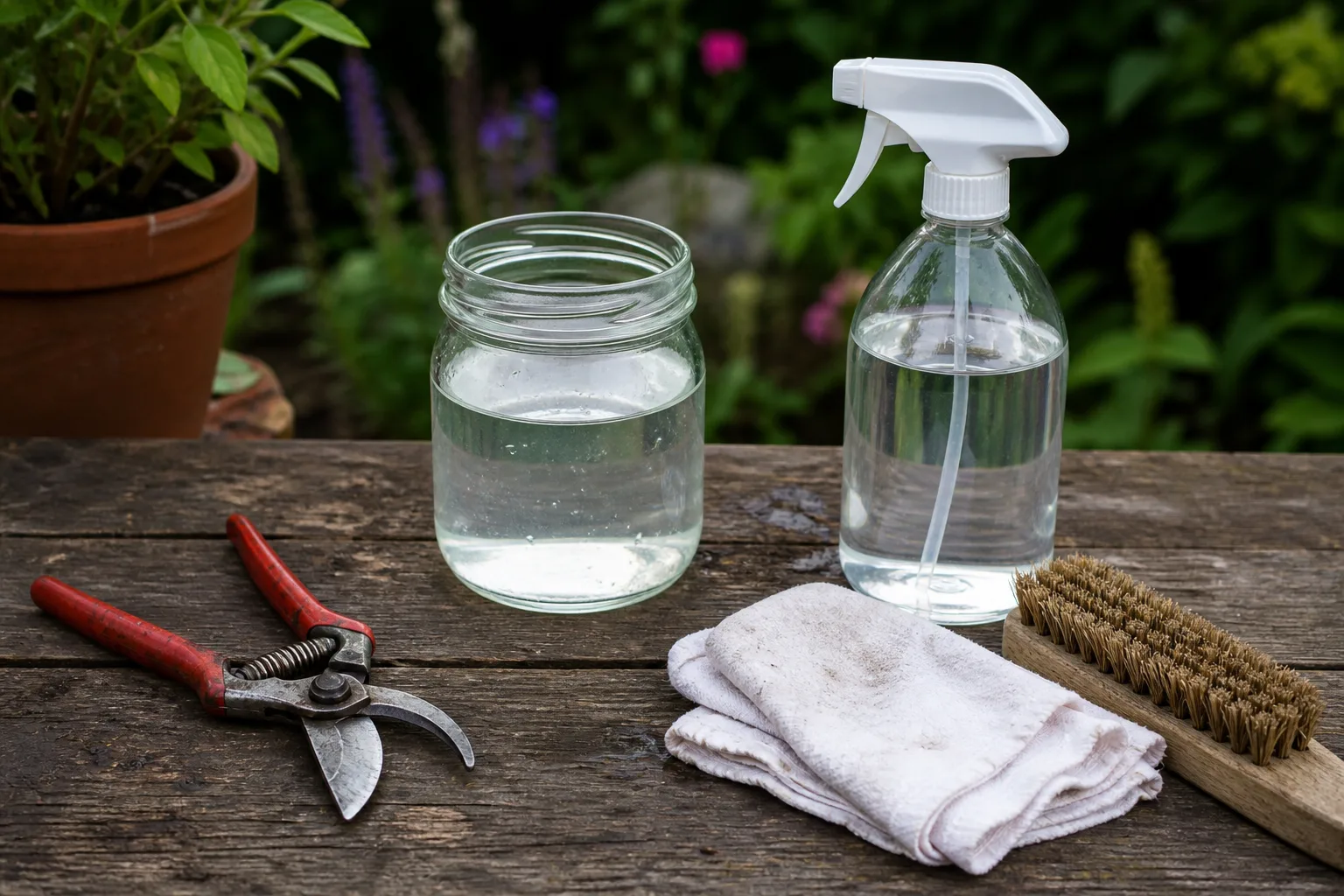 Bypass pruning shears beside rubbing alcohol, bleach solution, and cleaning rags on an outdoor potting bench