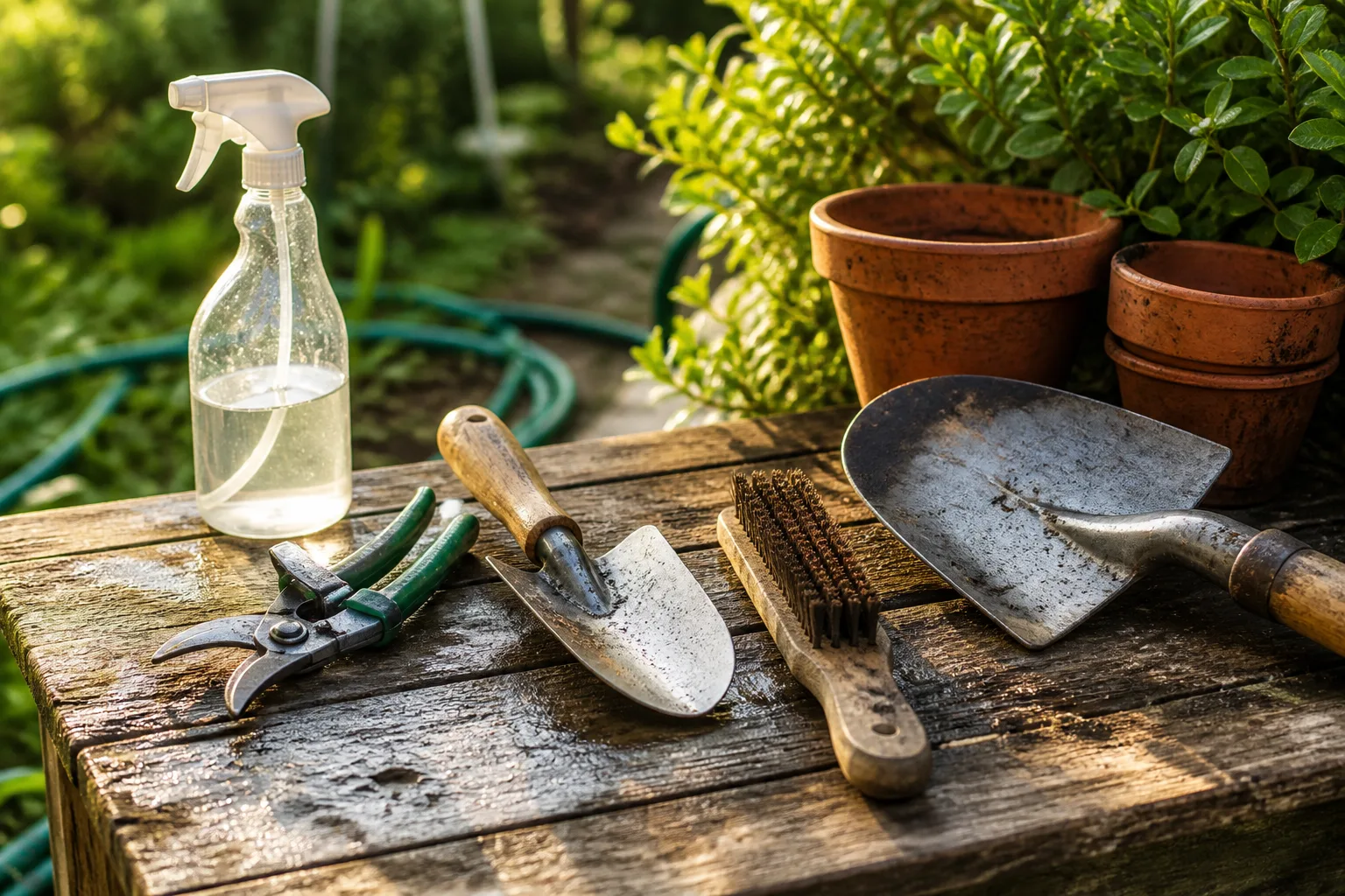 Bypass pruning shears, trowel, shovel, wire brush, and spray bottle arranged on an outdoor potting bench beside a garden hose