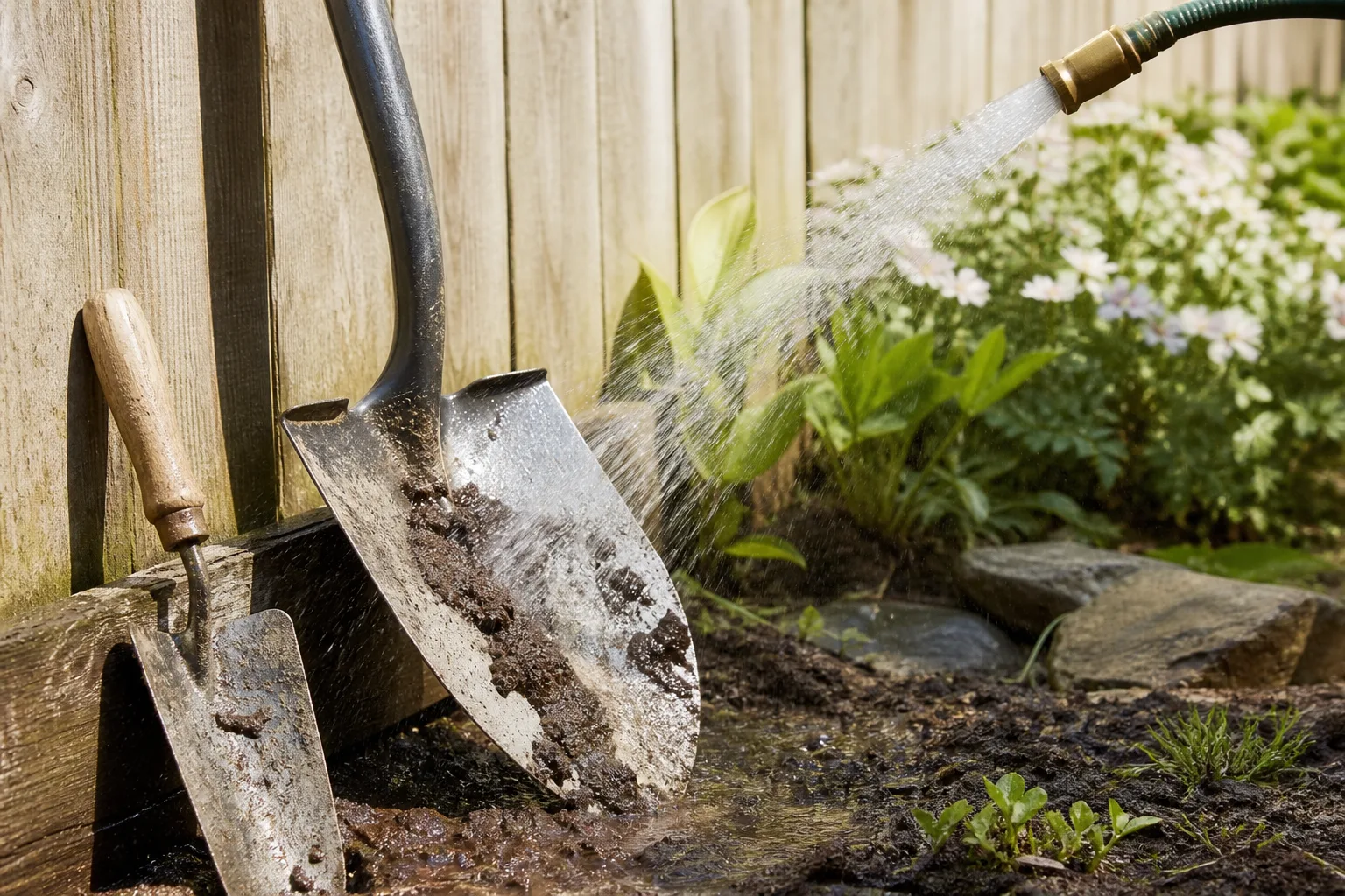 Garden shovel and hand trowel rinsed with a hose to remove caked soil before washing