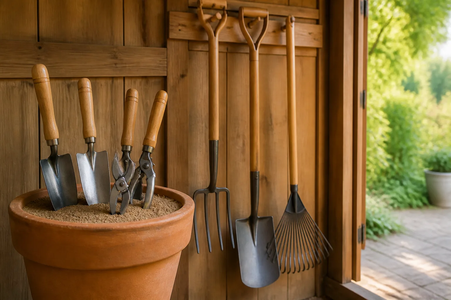 Hand trowels and pruning shears stored metal-down in an oiled sand bucket with larger tools hanging on pegboard hooks in a dry garden shed