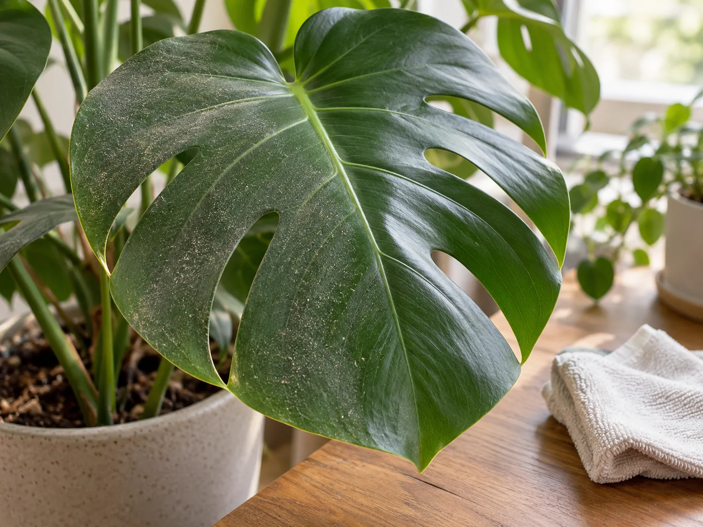 A dusty Monstera leaf beside a clean cloth, with a wiped area visible for checking leaf residue.
