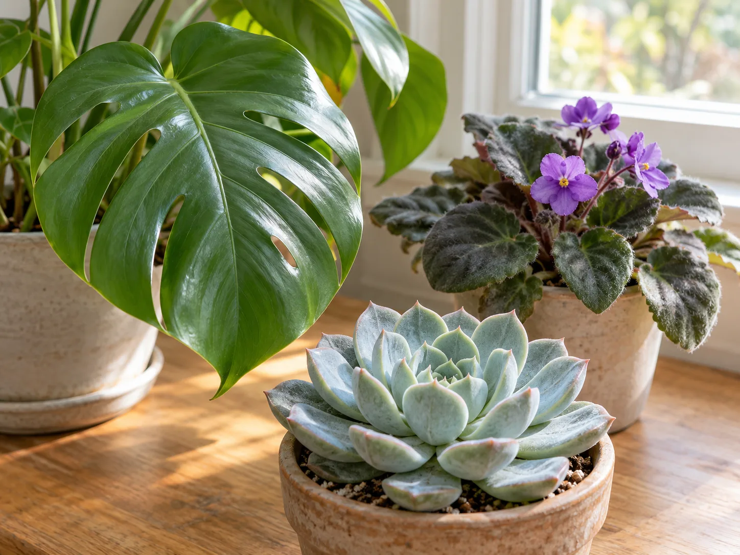 Smooth Monstera, fuzzy African violet, and powdery succulent leaves illustrate different cleaning methods.