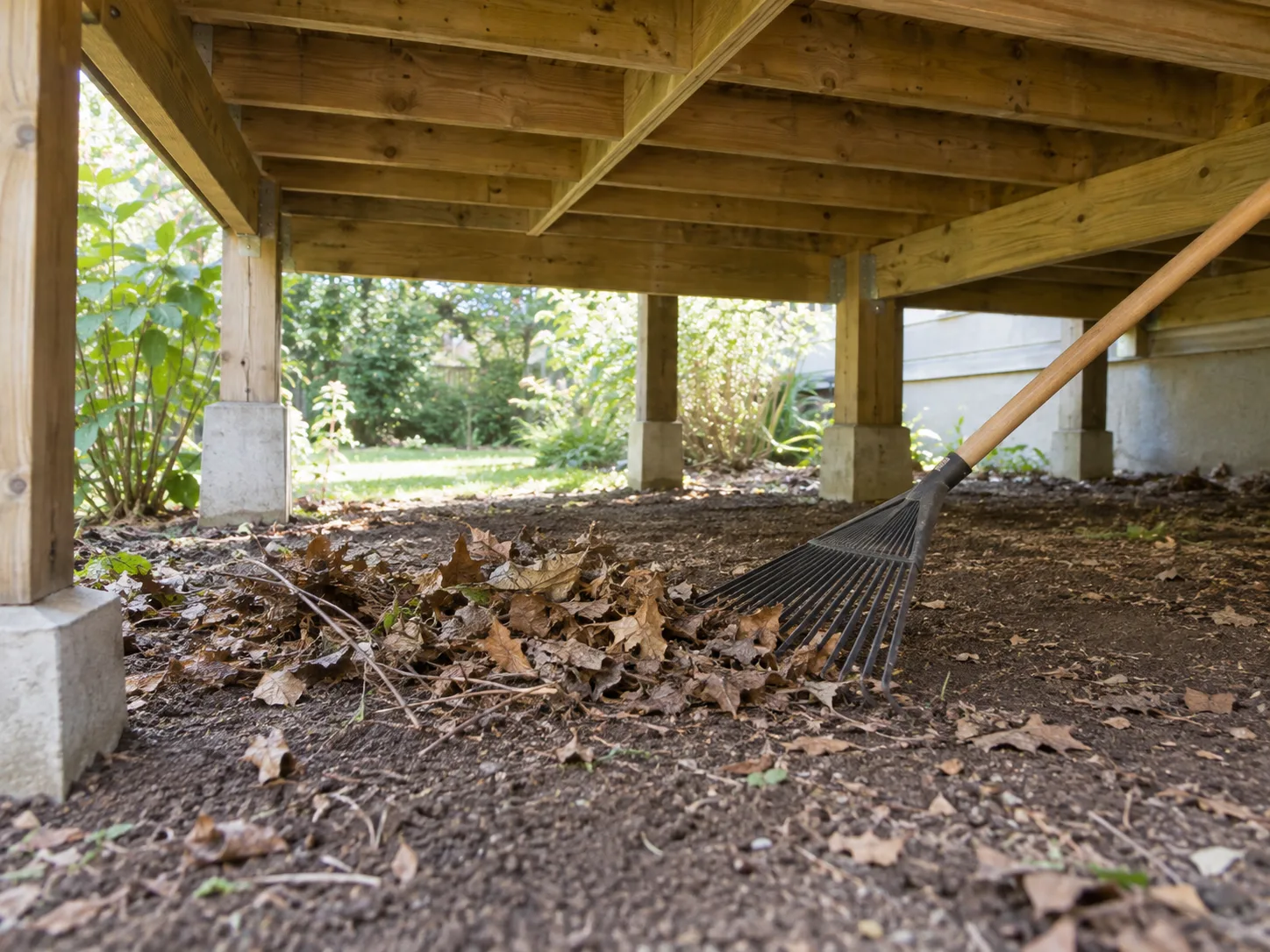 A long-handled rake gathers dry leaves from the open ground beneath a raised wooden deck