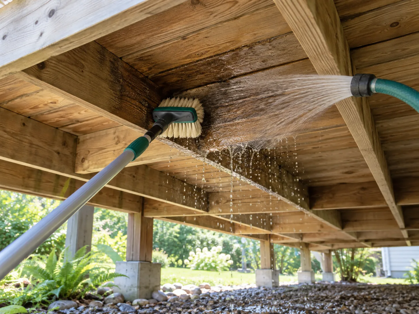 A soft-bristle deck brush and garden hose gently clean a small section of wood framing beneath an open raised deck