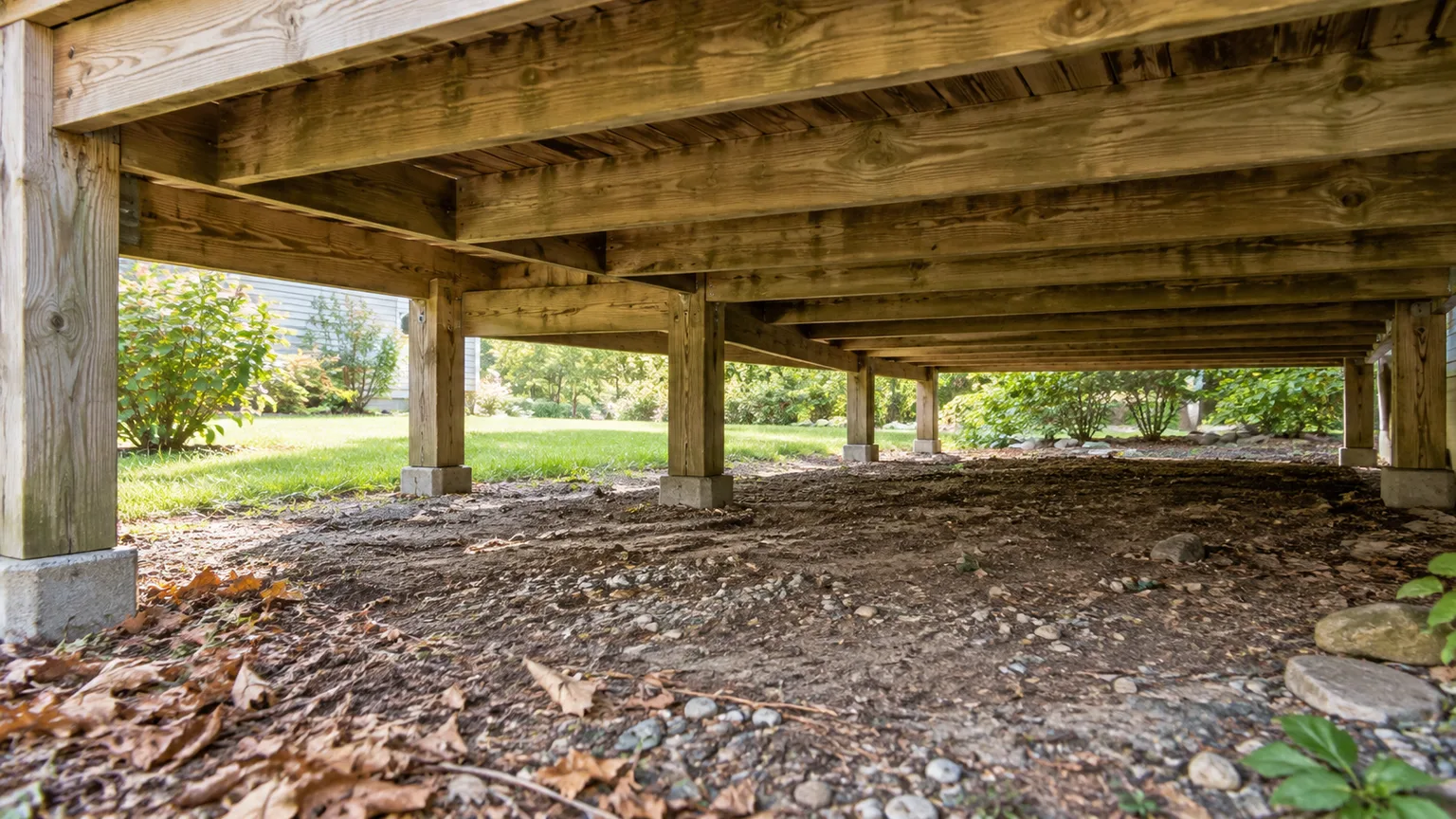 Open-sided raised wood deck showing the framing and ground underneath