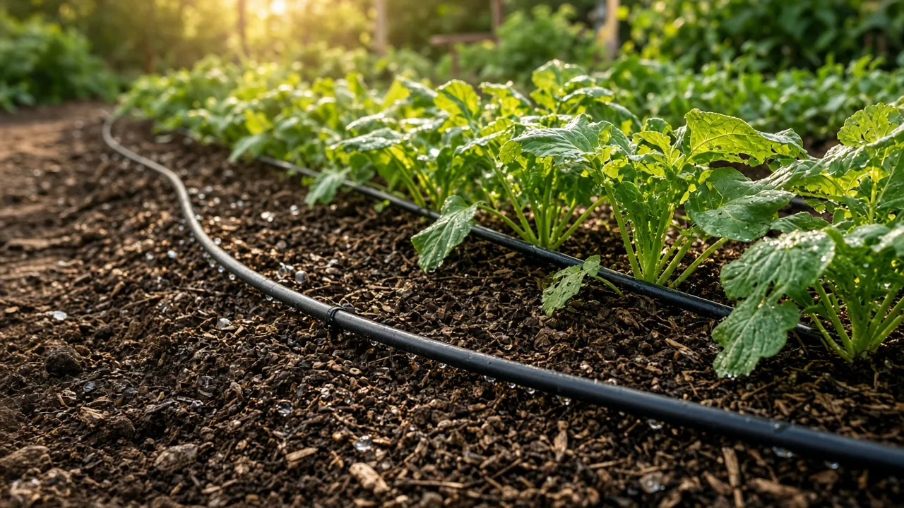 Mulched summer vegetable garden with drip irrigation and healthy plants