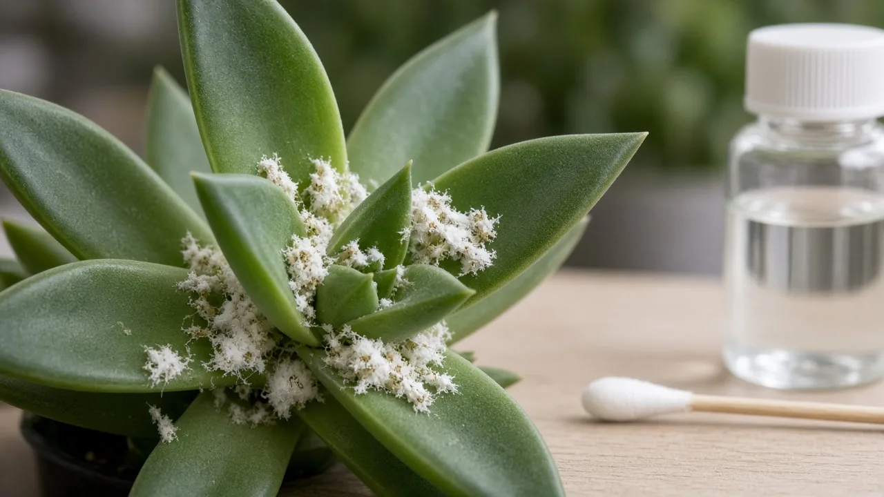Jade plant with white cottony mealybug colonies clustered at the stems