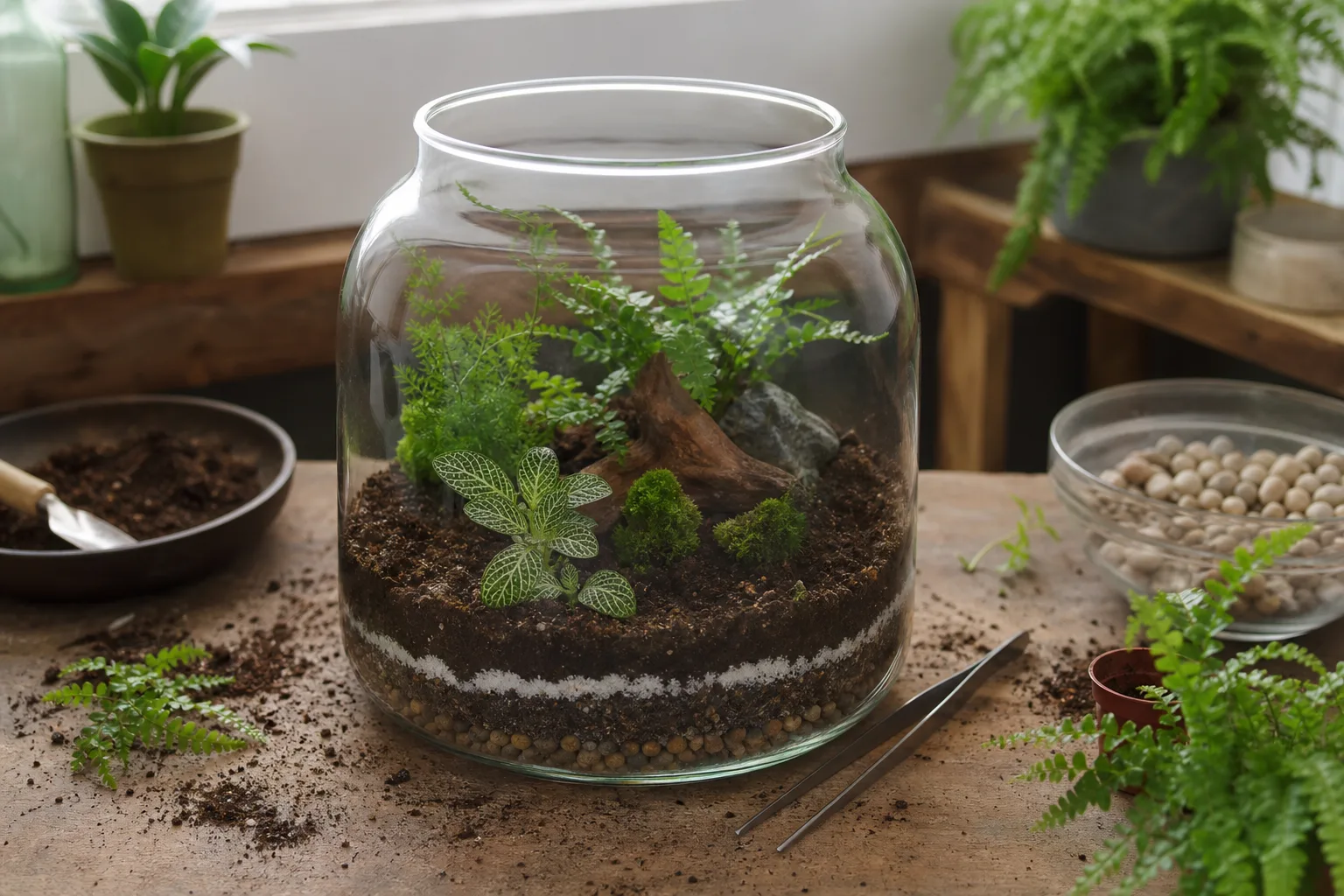 Terrarium build in progress showing gravel and soil layers in a glass jar