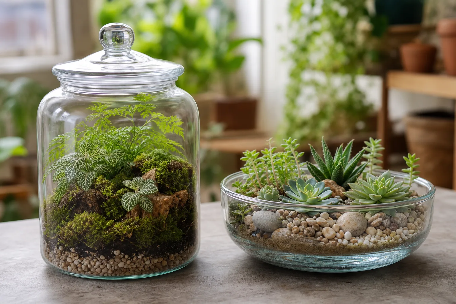 Closed jar terrarium and open bowl succulent terrarium side by side
