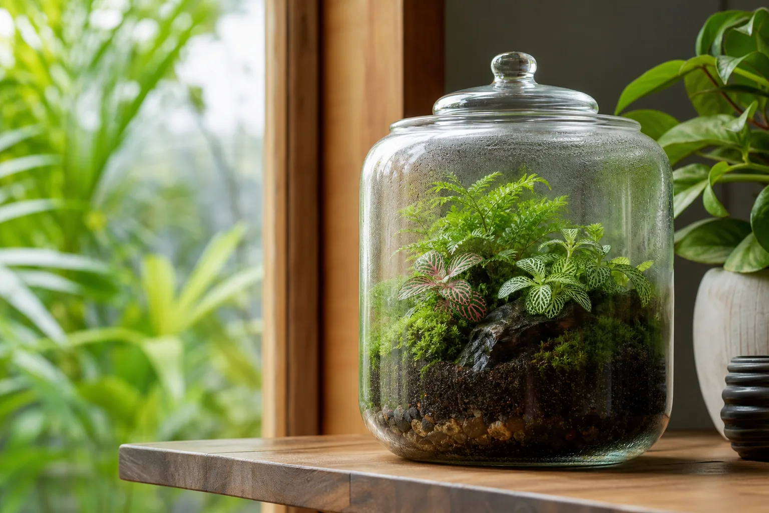 Finished closed glass jar terrarium with small tropical plants on a wooden shelf