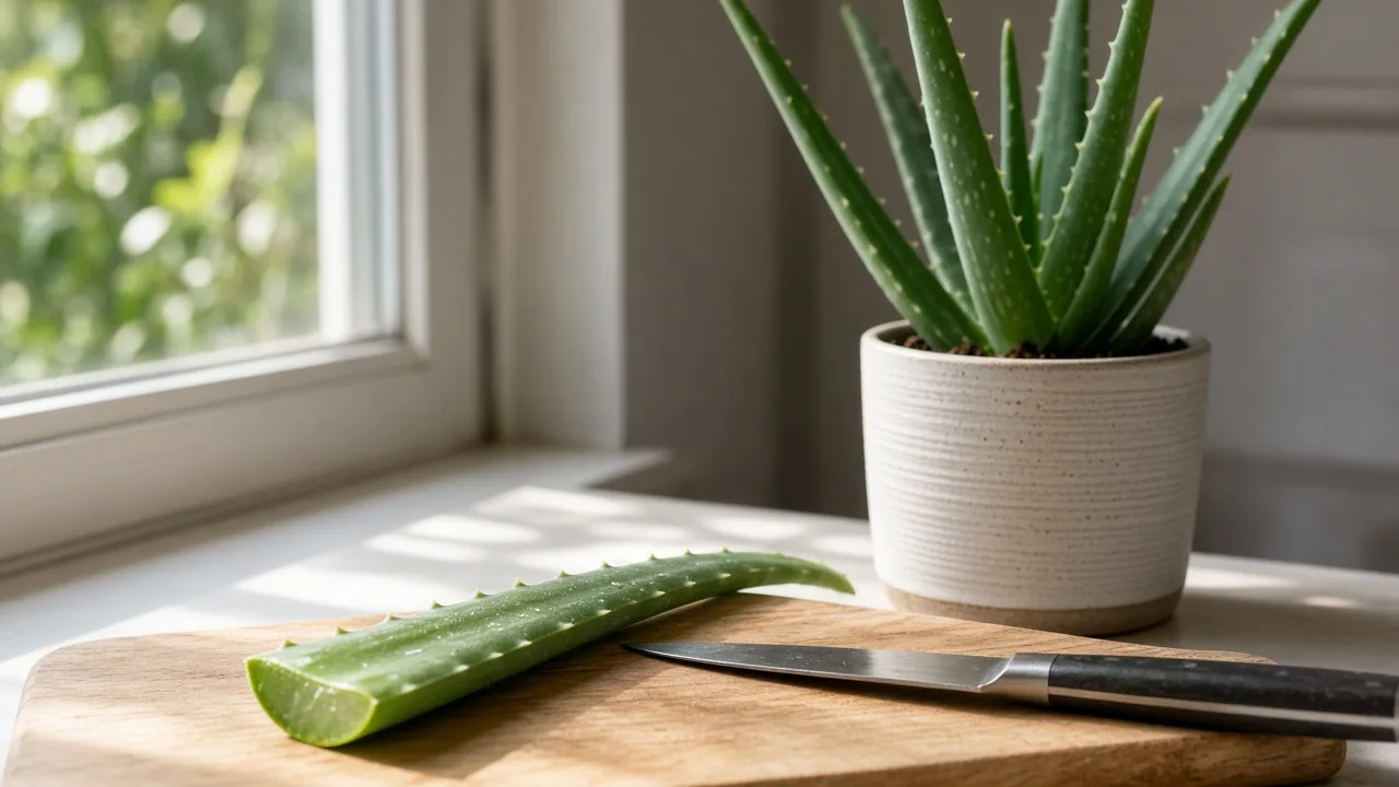 Healthy aloe vera rosette with thick outer leaves ready for careful pruning