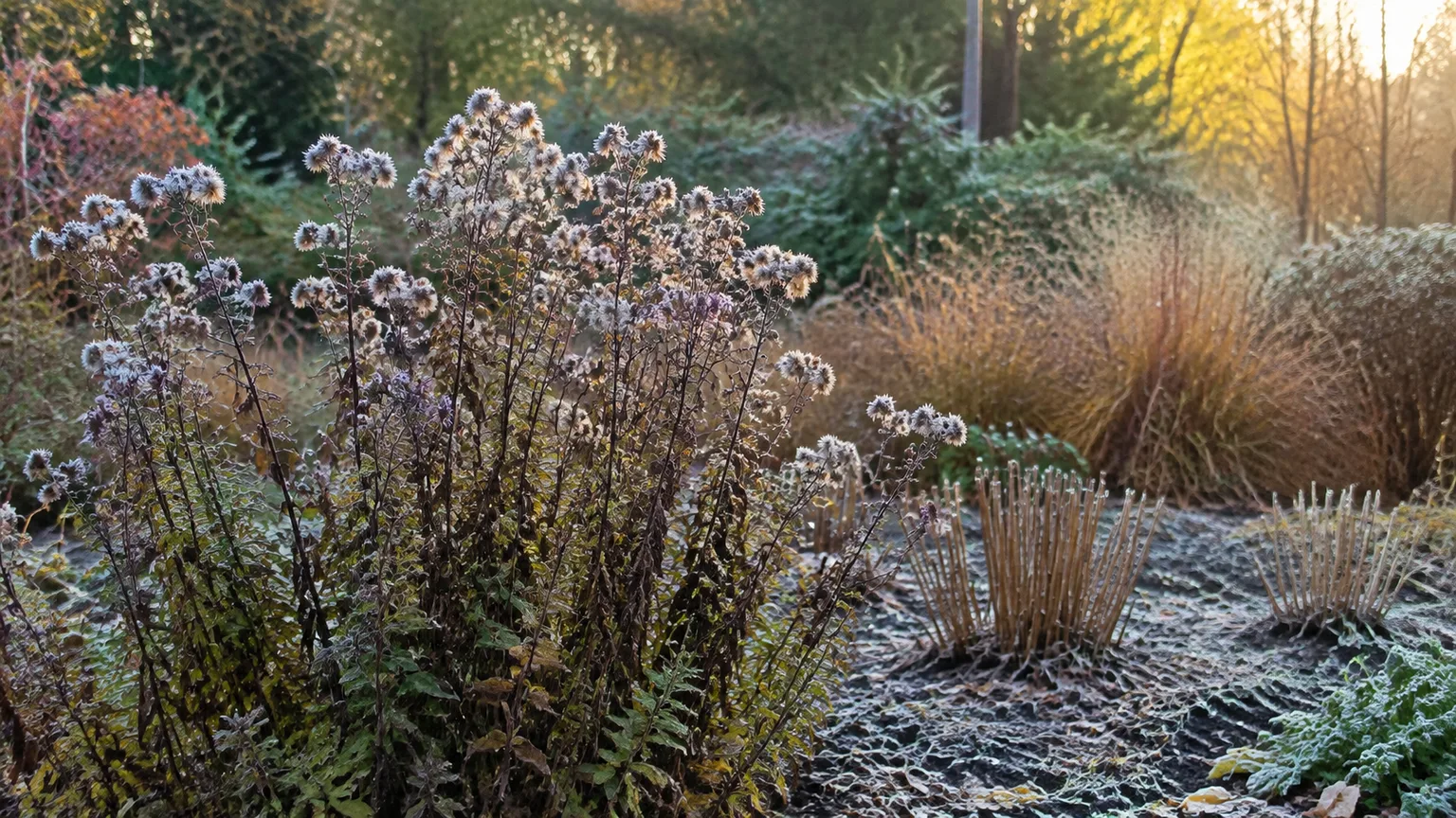 Late-autumn asters with frosted seed heads left standing beside small clumps cut back for winter cleanup