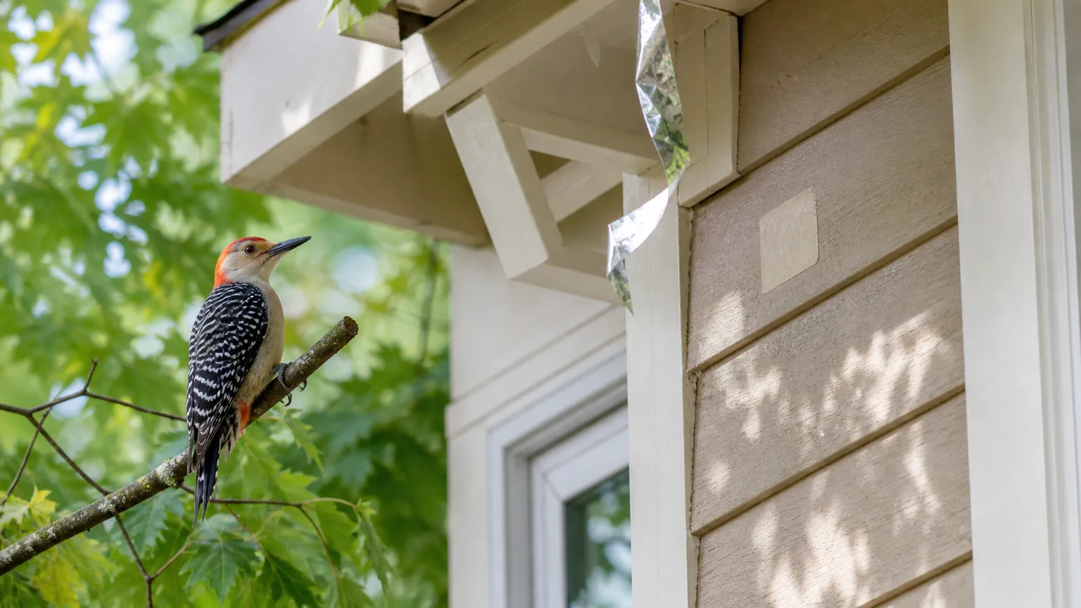 Woodpecker perched beside painted home siding with moving reflective deterrent strips