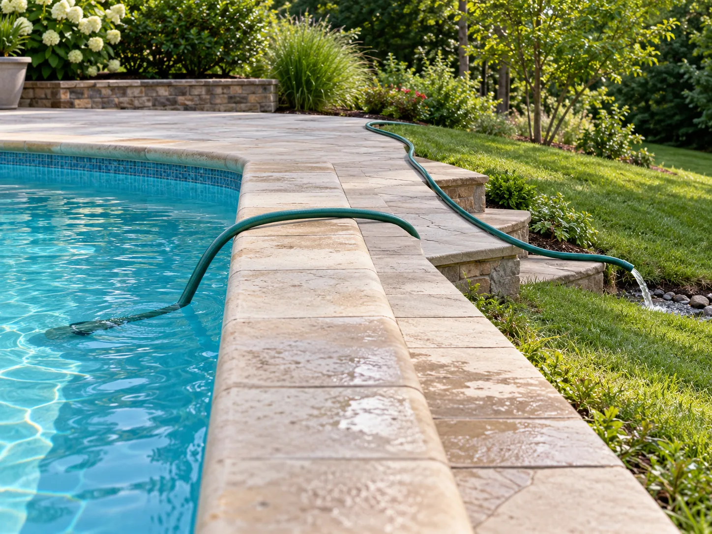 A garden hose routed over a pool edge to a lower outlet on a grassy slope