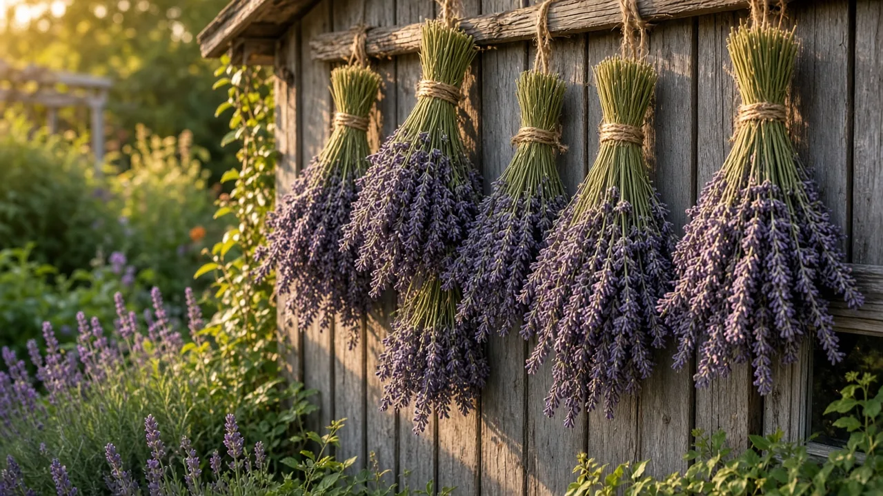 Bundles of lavender hanging upside down to dry in a shaded, airy room